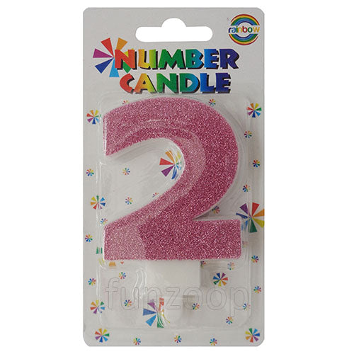 Glitter Wax Number Cake Candle, Digits 0-9, Pink / Number Digit 2