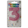 Glitter Wax Number Cake Candle, Digits 0-9, Pink / Number Digit 3