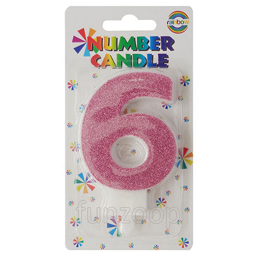 Glitter Wax Number Cake Candle, Digits 0-9, Pink / Number Digit 6