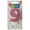 Glitter Wax Number Cake Candle, Digits 0-9, Pink / Number Digit 9