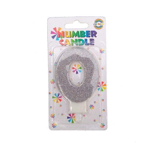 Glitter Wax Number Cake Candle, Digits 0-9, Silver / Number Digit 0