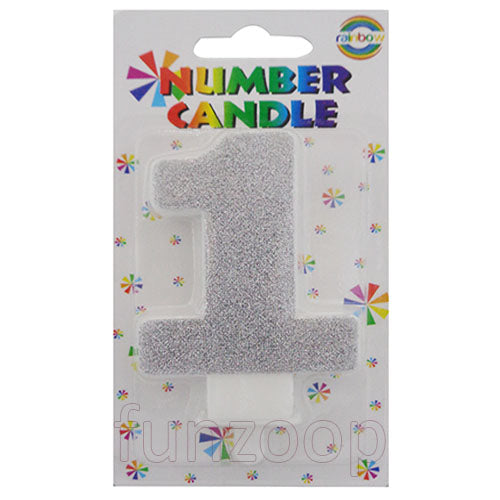 Glitter Wax Number Cake Candle, Digits 0-9, Silver / Number Digit 1