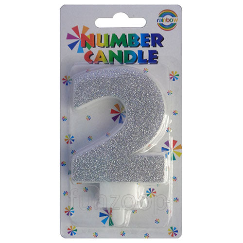 Glitter Wax Number Cake Candle, Digits 0-9, Silver / Number Digit 2