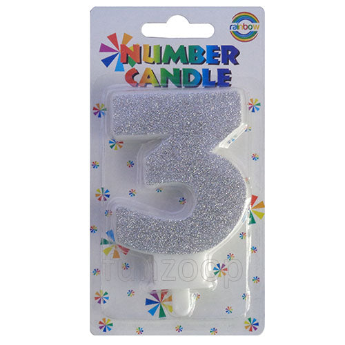 Glitter Wax Number Cake Candle, Digits 0-9, Silver / Number Digit 3