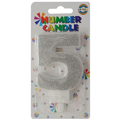Glitter Wax Number Cake Candle, Digits 0-9, Silver / Number Digit 5