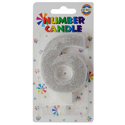 Glitter Wax Number Cake Candle, Digits 0-9, Silver / Number Digit 6