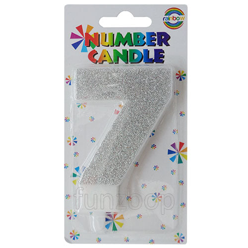Glitter Wax Number Cake Candle, Digits 0-9, Silver / Number Digit 7