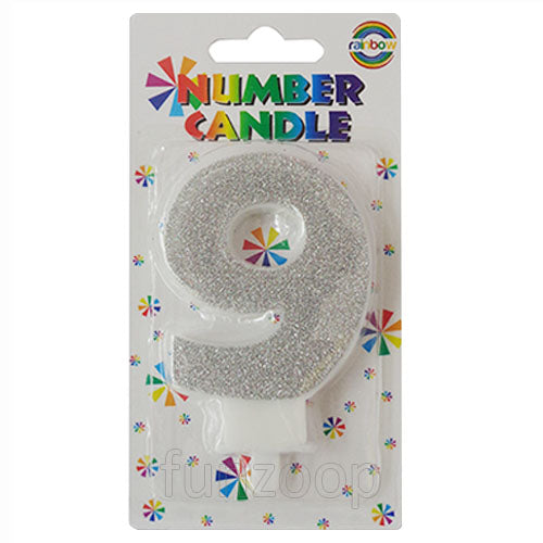 Glitter Wax Number Cake Candle, Digits 0-9, Silver / Number Digit 9