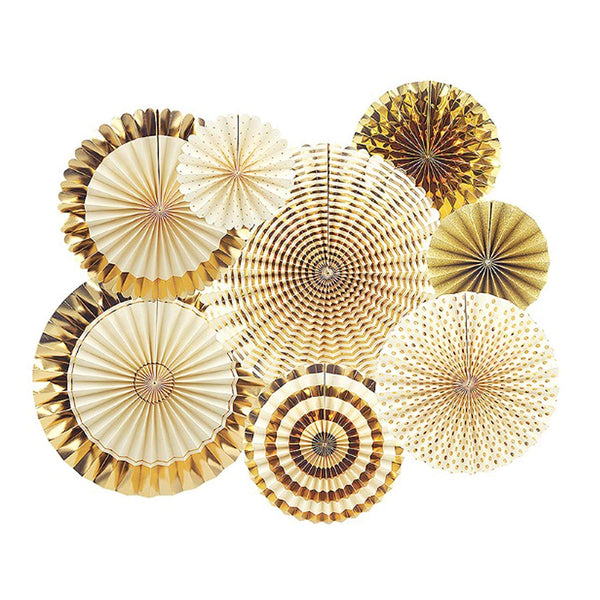 Gold paper hanging fans, set of eight sold by Funzoop - The Party Shop