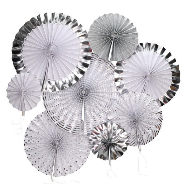 Silver paper hanging fans, set of eight sold by Funzoop - The Party Shop