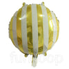 Gold candy striped foil balloon shown as a product reference for themed parties and celebration displays, with its themed design visible.