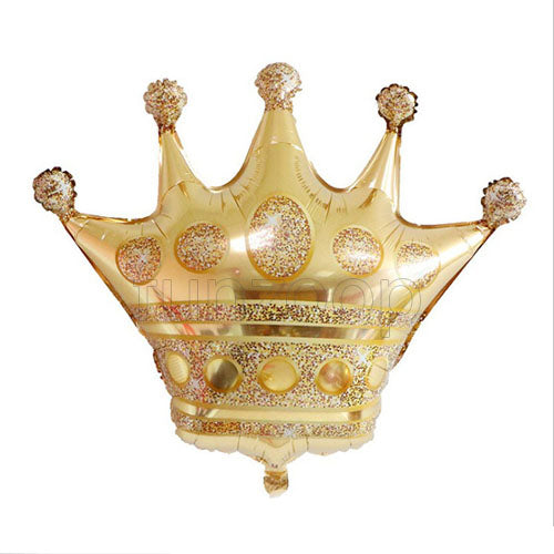 Gold crown shaped foil balloon shown as a product reference for royal-themed birthdays and celebrations and a coordinated party display.