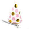 Gold imprint pink polka party caps with glossy cone hat design from Funzoop The Party Shop