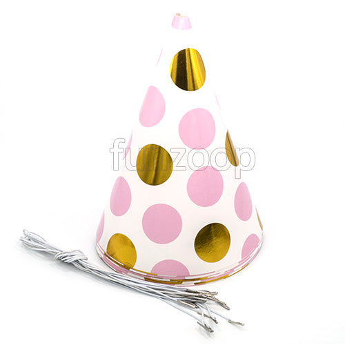 Gold imprint pink polka party caps with glossy cone hat design from Funzoop The Party Shop