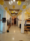 gold-silver-ceiling-balloon-photo-display-hallway-funzoop