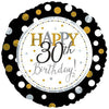 30th birthday printed foil balloon, measuring 18 inches, shown for a milestone celebration display shown as a product reference for birthday celebrations, with its themed design visible.
