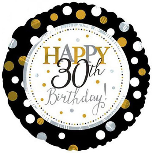 30th birthday printed foil balloon, measuring 18 inches, shown for a milestone celebration display shown as a product reference for birthday celebrations, with its themed design visible.