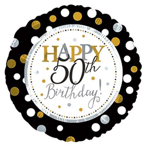 50th birthday printed foil balloon, measuring 18 inches, shown for a milestone celebration display shown as a product reference for birthday celebrations, with its themed design visible.