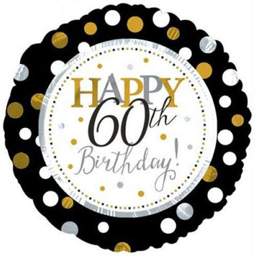 60th birthday printed foil balloon, measuring 18 inches, shown for a milestone celebration display shown as a product reference for birthday celebrations, with its themed design visible.