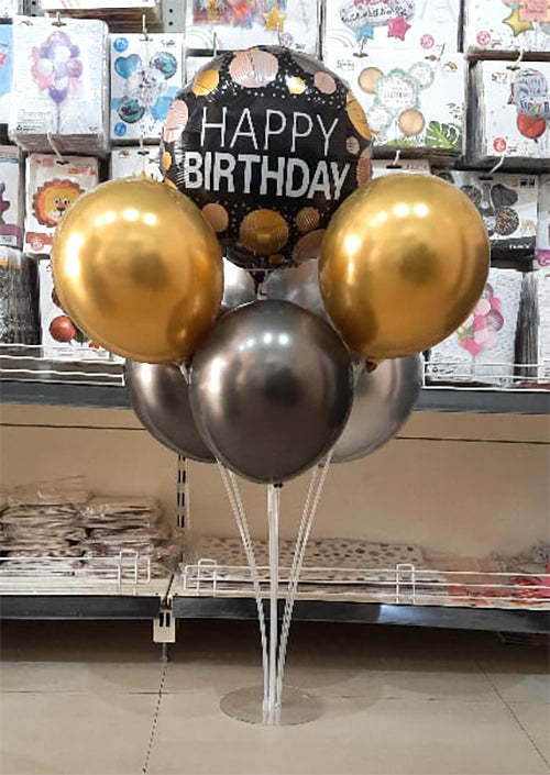 Happy Birthday balloon stand with black polka-dot foil balloon by Funzoop, Gurgaon
