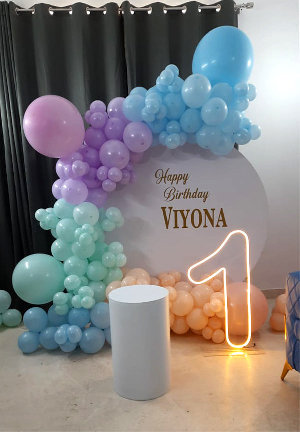 Happy Birthday Balloons Half-Arch with Welcome Board and Neon Milestone