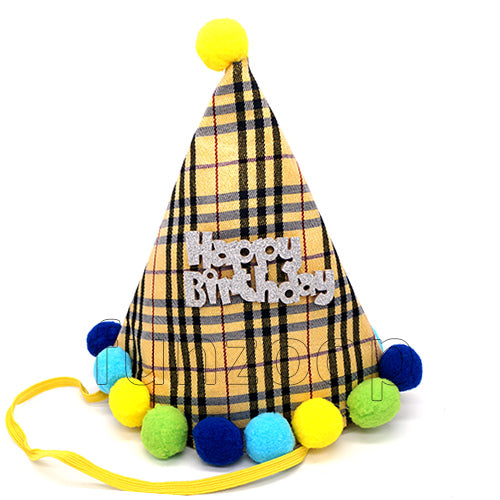 Happy Birthday Checked Fabric Cone Party Hat with Pom Poms