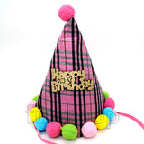 Happy Birthday Checked Fabric Cone Party Hat with Pom Poms - Pink - Funzoop