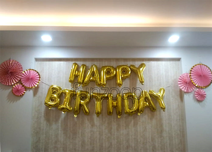 Happy Birthday Foil Balloons Banner Golden In Use - Funzoop