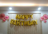 Happy Birthday Foil Balloons Banner Golden In Use - Funzoop