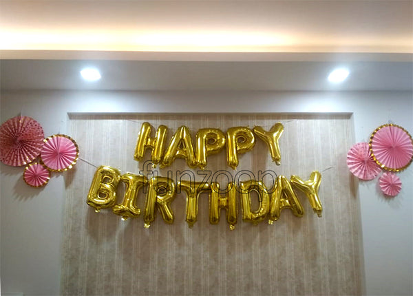 Happy Birthday Foil Balloons Banner Golden In Use - Funzoop