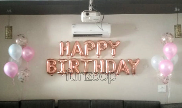 Happy Birthday Foil Balloons Banner Rose Gold In Use - Funzoop
