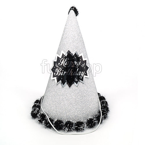 Happy Birthday Silver Pom Pom Glitter Hat - Funzoop