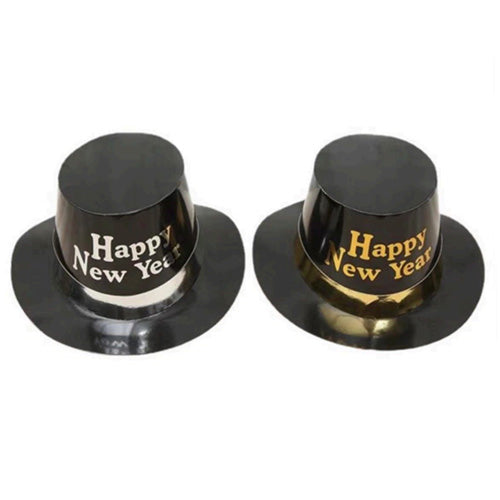 Assorted metallic-finish plastic party hat with Happy New Year styling, presented as a single headwear accessory for a countdown celebration.