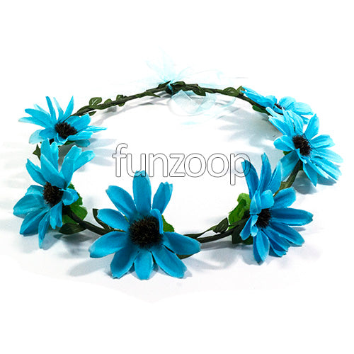 Light Blue Hawaiian flower crown with polyester flowers, leaves and ribbon detailing, providing a tropical headpiece for garden gatherings and celebration portraits.