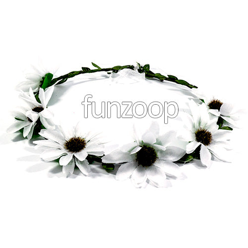 White Hawaiian flower crown with polyester flowers, leaves and ribbon detailing, providing a tropical headpiece for garden gatherings and celebration portraits.