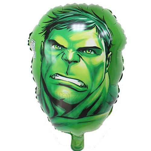 18" Hulk superhero Printed Foil Balloon shown as a product reference for superhero birthdays and character-themed parties and a coordinated party display.
