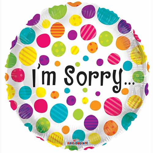 I Am Sorry Polka Dot Foil Balloon, 18 Inch shown as a product reference for personal apology gestures, with its themed design visible.