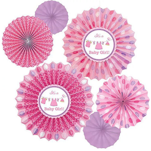 Its a Baby Girl Party Hanging Fans Decoration Set (6 Assorted Round Paper Fans) sold by Funzoop - The Party Shop