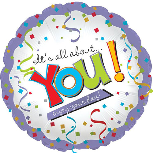 Enjoy Your Day It's All About You Helium Foil Balloon shown as a product reference for themed parties and celebration displays, with its themed design visible.