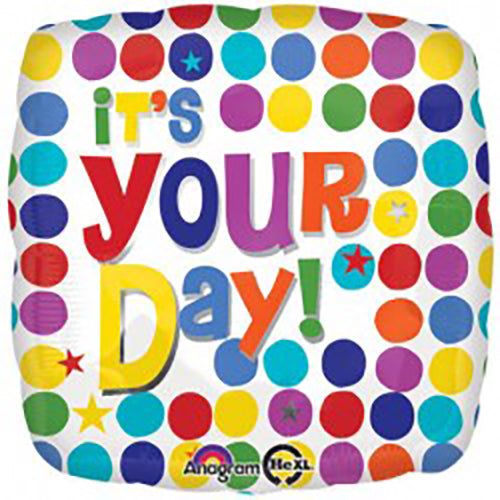 It's Your Day Polka Dot Foil Balloon, 18 Inch shown as a product reference for themed parties and celebration displays, with its themed design visible.