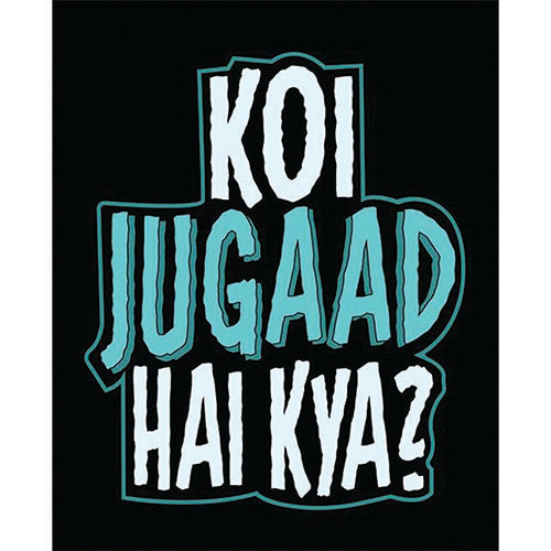 Koi Jugaad Hai Kya photo booth placard with humorous Hindi party message
