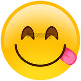 Licking emoji photo booth placard featuring a yellow tongue out emoji face from Funzoop The Party Shop