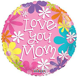 Love You Mom Foil Balloon, Pink, 18 Inch shown as a product reference for celebrations and thoughtful gifts for Mom, with its themed design visible.