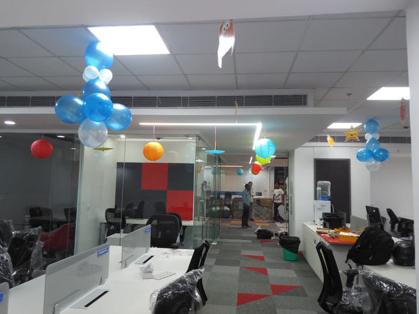 Office Inauguration for a Startup Company, in an event decoration layout for a themed celebration and party photographs.
