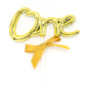 ONE Cake Topper with ribbon - Golden