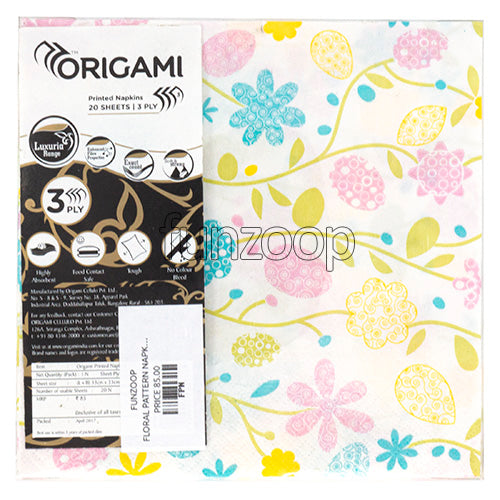 Paper beverage napkins pictured in retail packaging with colourful flowers and leaves on a light background for a cheerful celebration setting.