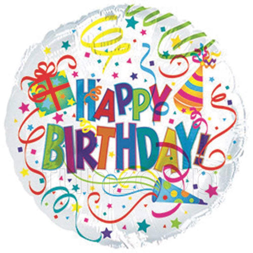 Party Hats & Horns Birthday Foil Balloon, 18 Inch shown as a product reference for birthday celebrations, with its themed design visible.