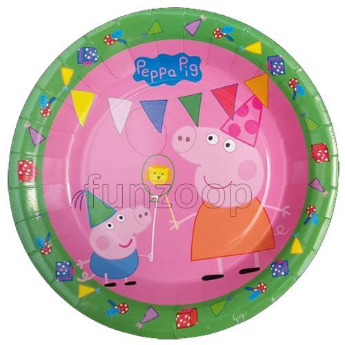 Peppa Pig paper party plate showing Peppa and George against a pink scene with a green illustrated border for birthday celebrations.
