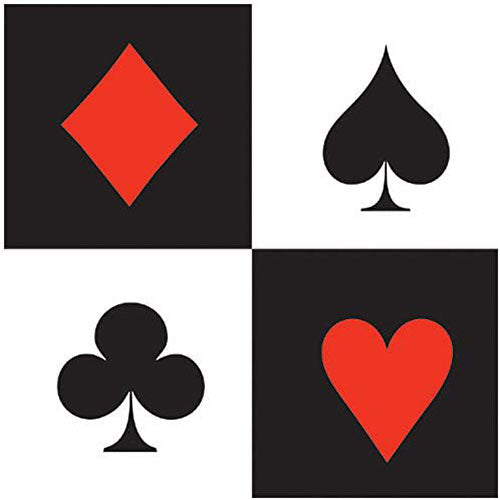Casino beverage napkin design showing red diamonds and hearts with black spades and clubs on contrasting square backgrounds for game night tableware.