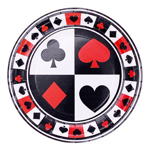 Poker casino paper plate showing hearts, spades, diamonds and clubs in red, white and black with a decorative card suit border.